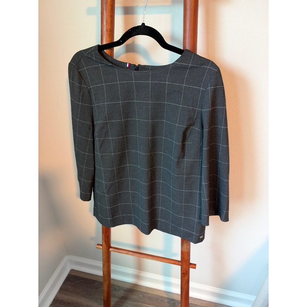 Tommy Hilfiger Womens Grey Windowpane Plaid 3/4 Sleeve Blouse Top Size 10